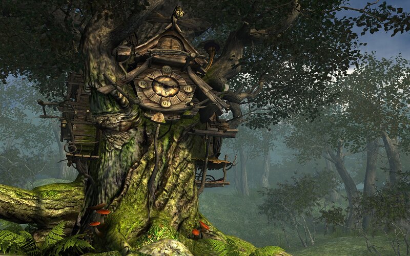 treehouse with clock in forest