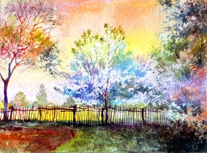 Trees and Fence at Sunset