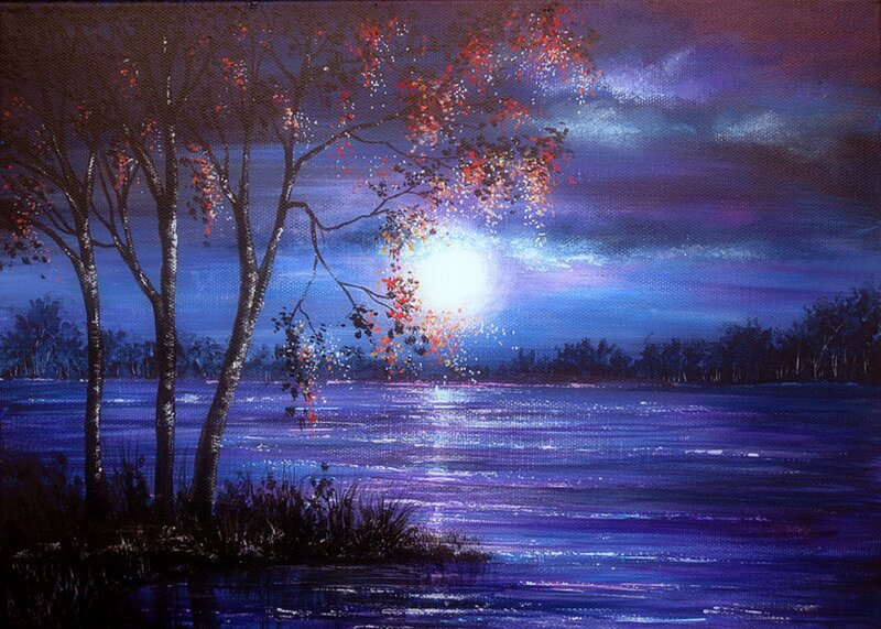 Trees by a Lake at Night