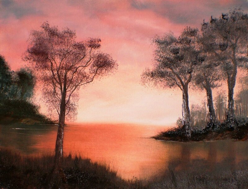 Trees by a Lake at Sunset — Orange, Serene