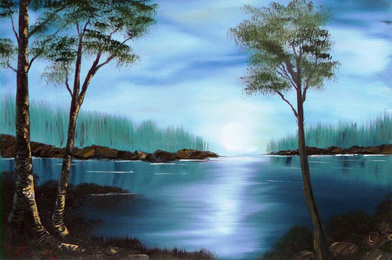 Trees by a Lake — Blue, Serene
