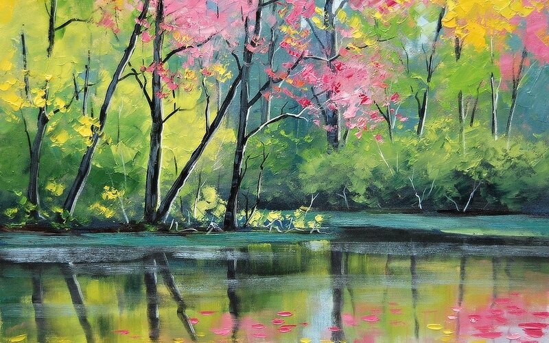 Trees by a Lake — Green, Serene, Spring, Painting, Reflection