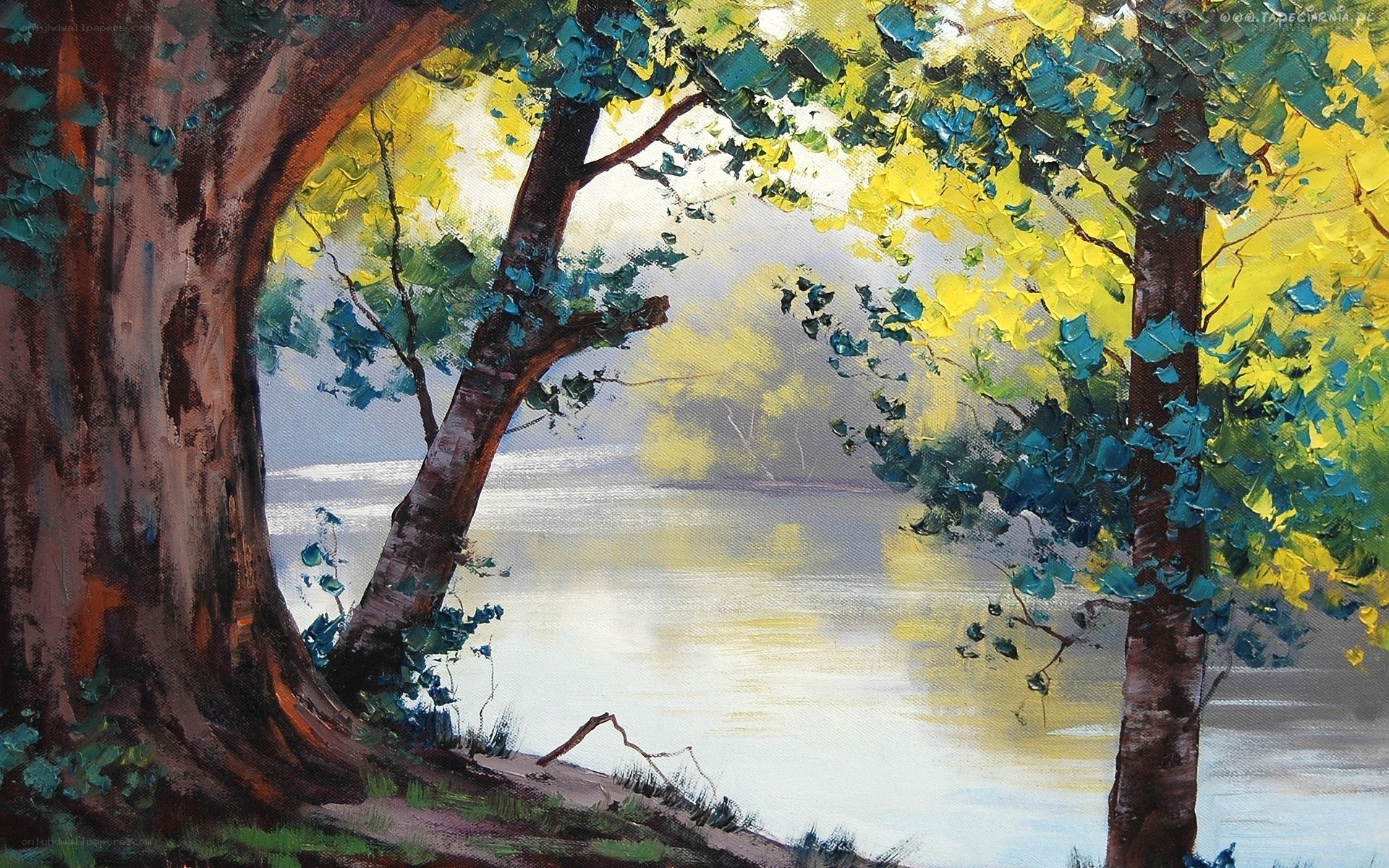 Trees by a lake painting