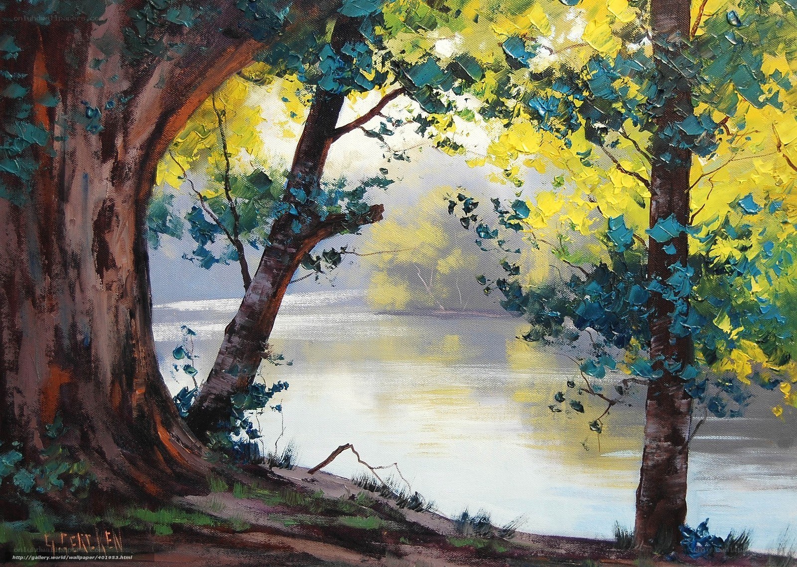 Trees by a lake painting