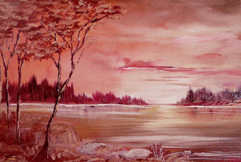 Trees by a Lake — Red, Serene