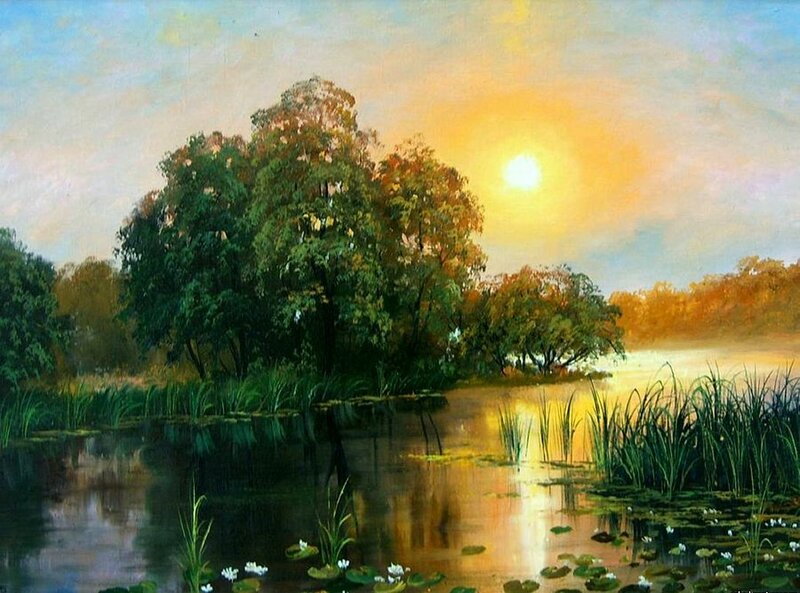Trees by a Pond — Green, Serene