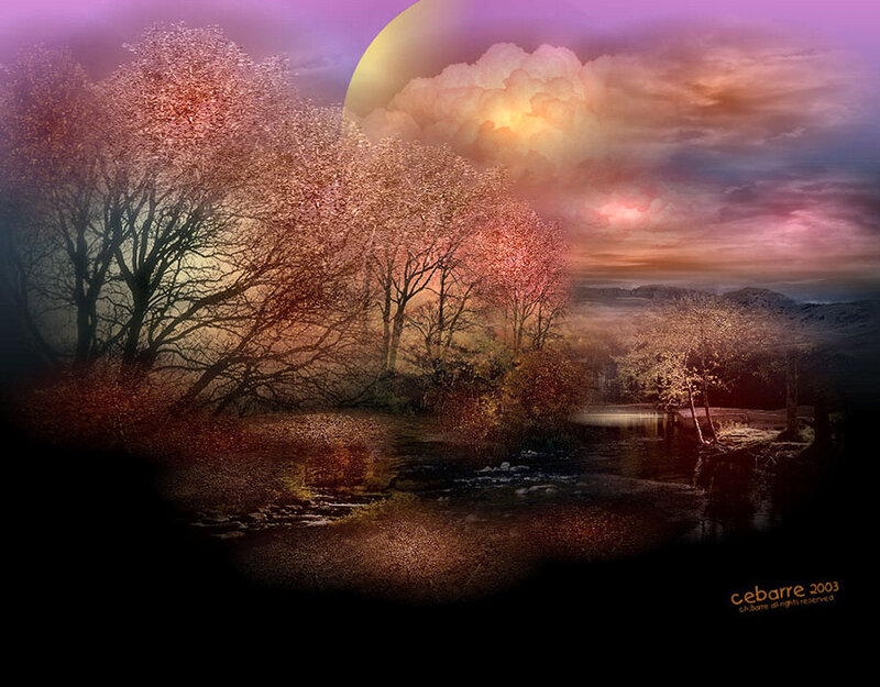 Trees by a River at Dusk — Purple