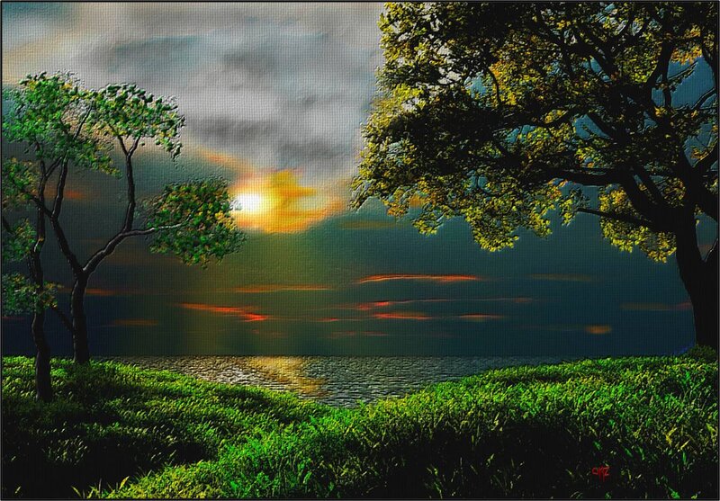 Trees by Lake at Sunset — Green, Dramatic