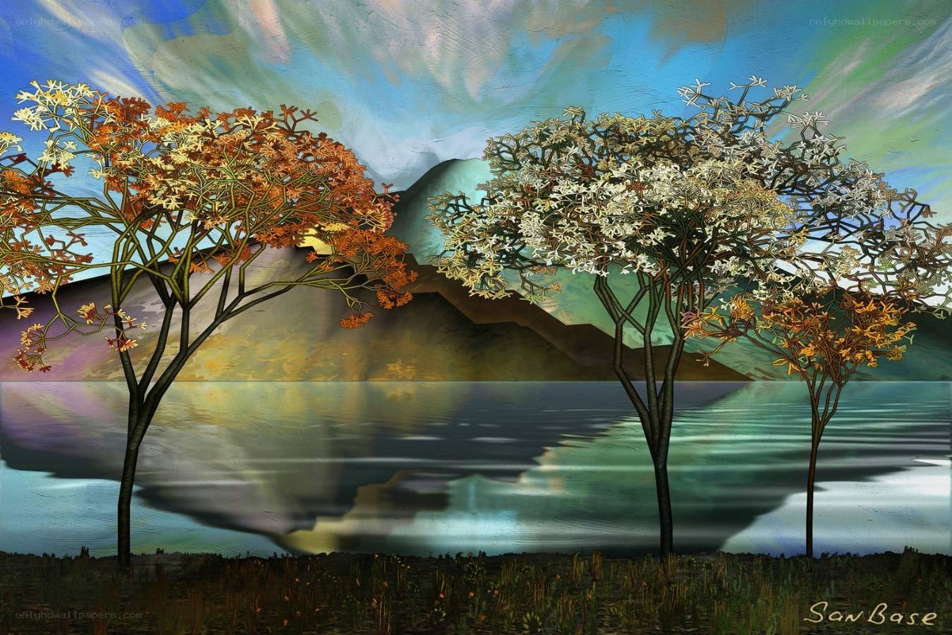 Trees by the lake at sunset