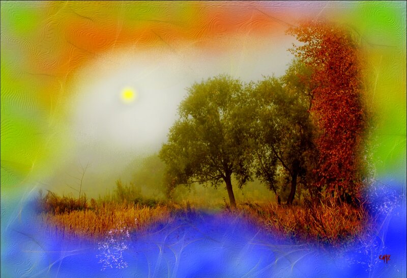 Trees in a Misty Field — Green, Serene