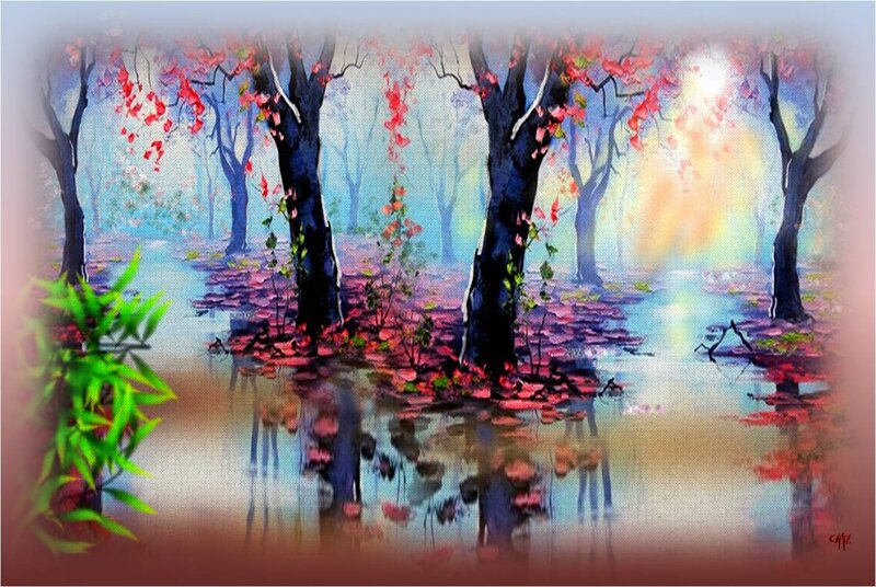 Trees in Autumn Forest — Red, Serene, Painting