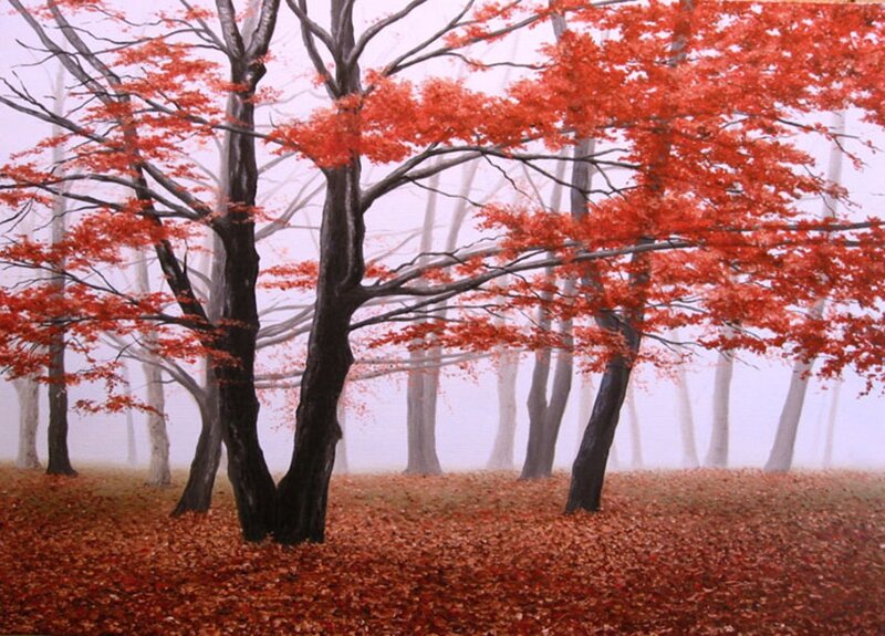 Trees in Autumn Forest — Red, Serene