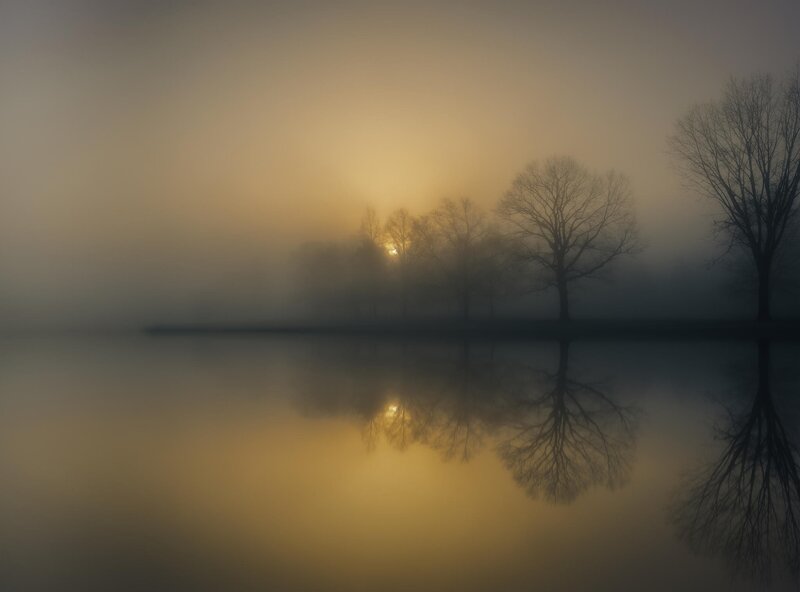 Trees in Fog at Sunrise — Yellow