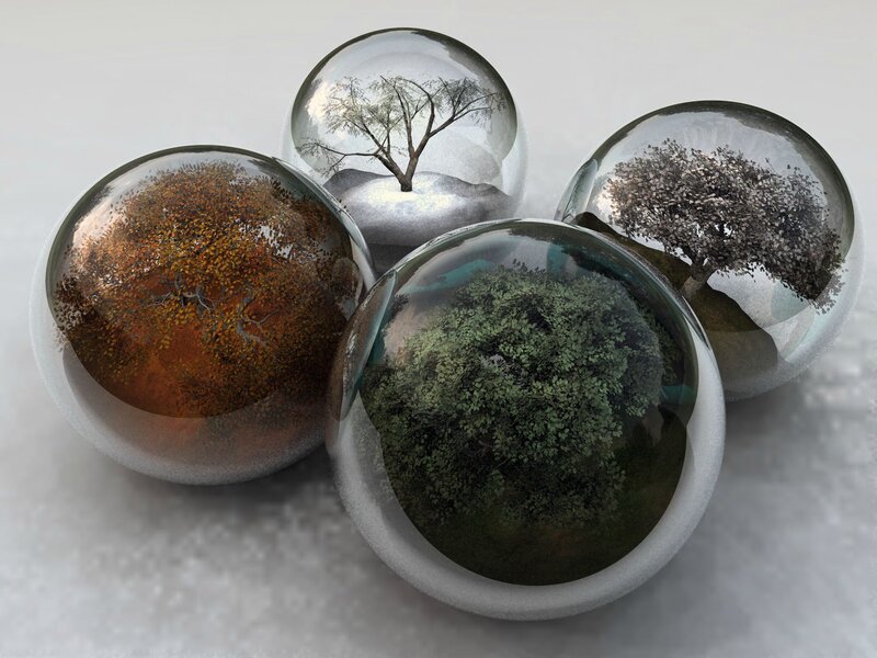 Trees in Glass Spheres — Green, Serene, Winter