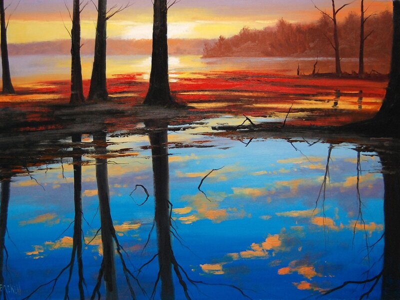 Trees in Swamp at Sunset