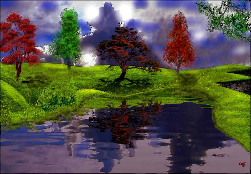 Trees on a Hillside — Green, Dramatic