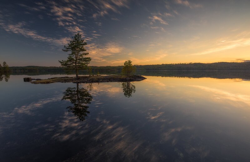 Trees on Small Island — Blue, Serene, Sunset