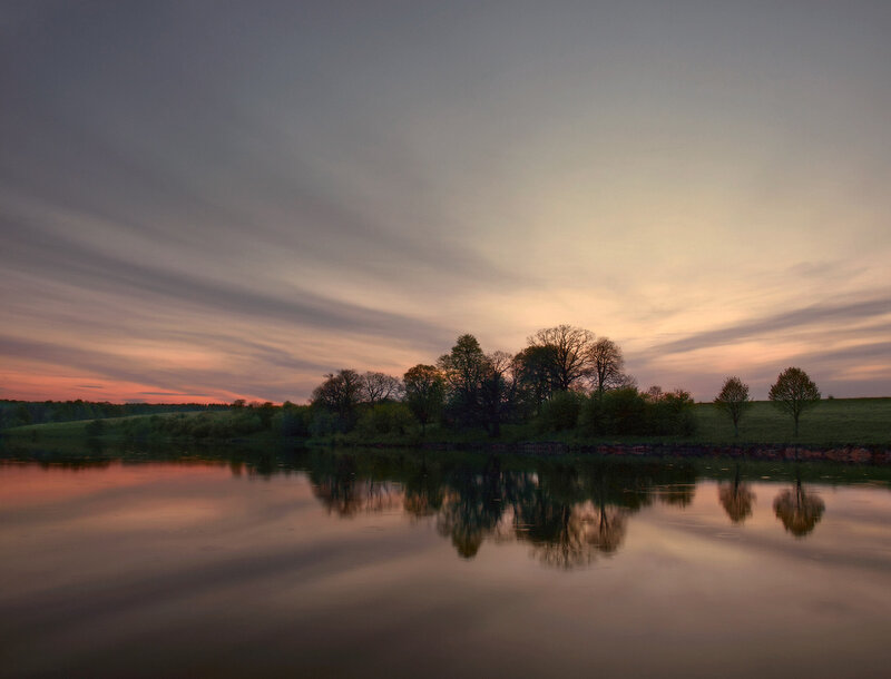 Trees Reflected in Lake — Orange, Serene