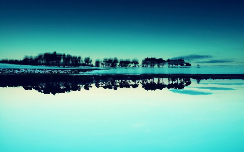 Trees Reflected in Water — Blue, Serene, Night, Photograph, Sky