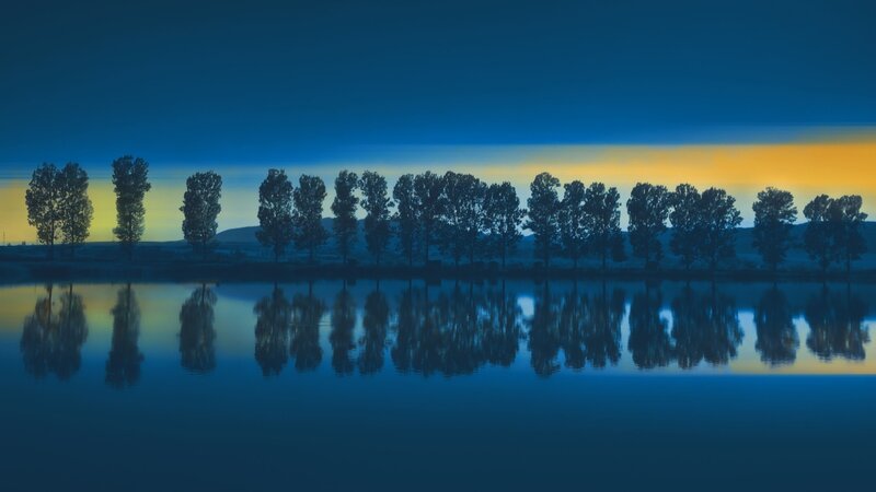 Trees Reflected in Water — Blue, Serene, Sunset, Photograph, River