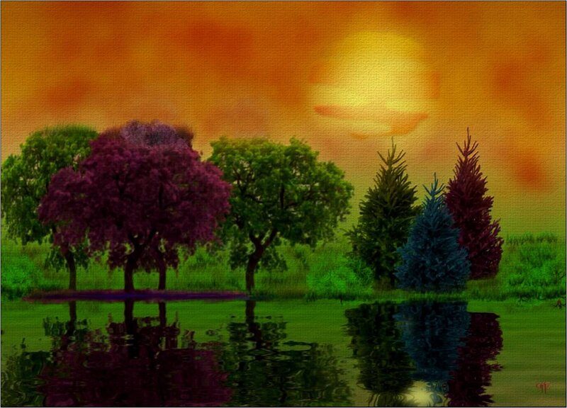 Trees Reflected in Water — Green, Serene, Sunset
