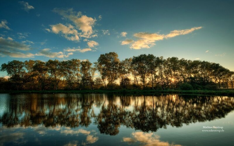 Trees Reflecting in Lake — Blue, Serene, Sunset, Photograph, Sky, Clouds