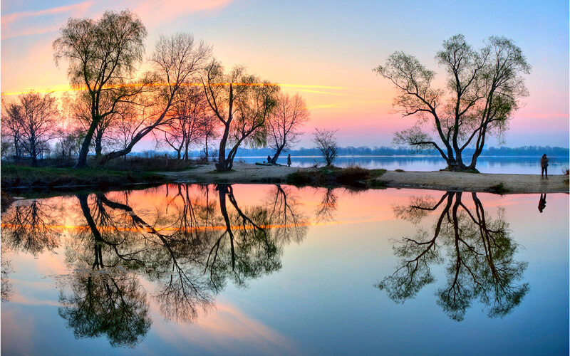 Trees Reflecting in Lake — Blue, Serene, Sunset, Photograph