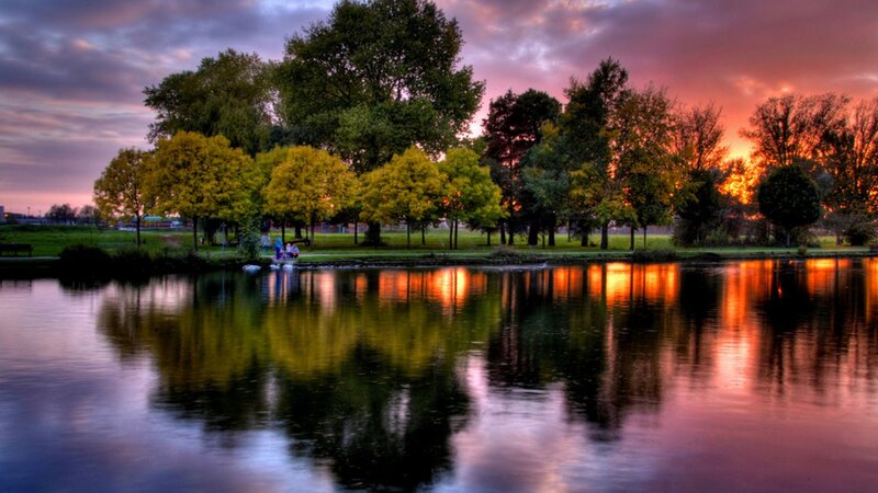 Trees Reflecting in Lake — Orange, Serene, Sunset