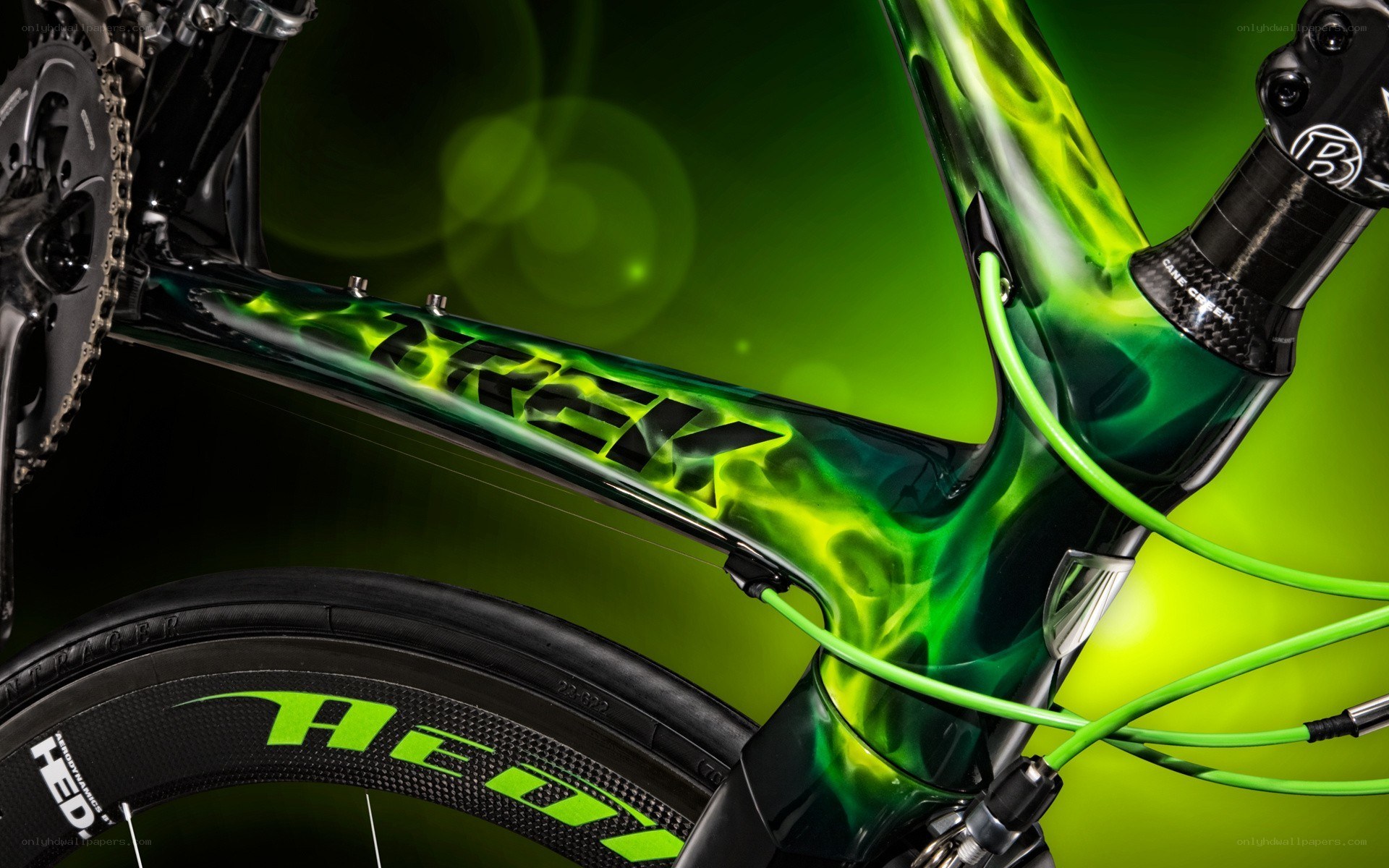 trek bicycle with green flame design
