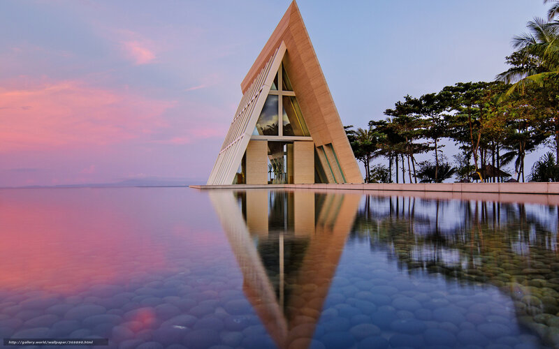 Triangular chapel at sunset