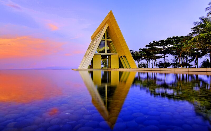 Triangular Chapel by Water — Blue