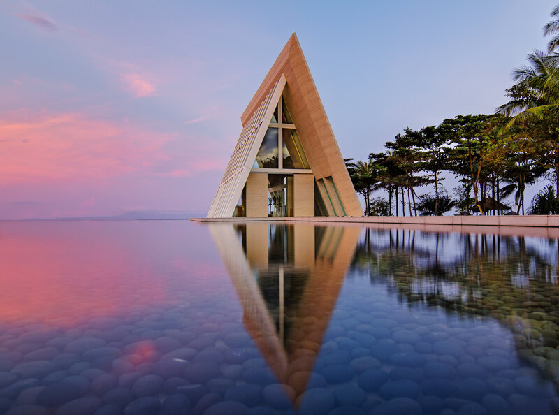 Triangular Chapel by Water — Pink, Serene