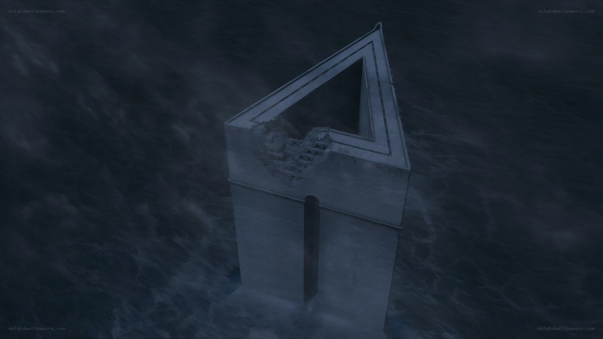 Triangular tower in stormy sea