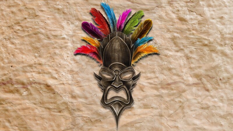 tribal mask with colorful feathers