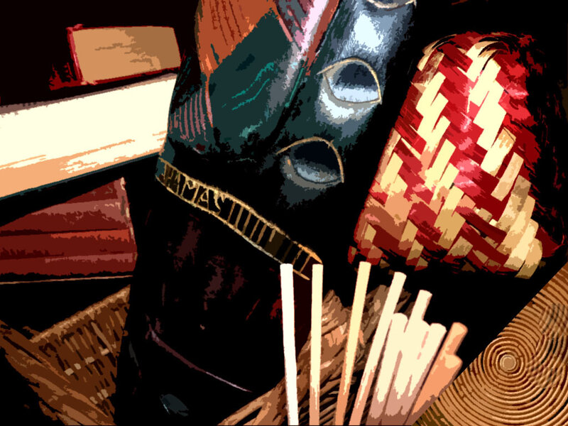 tribal mask with woven basket