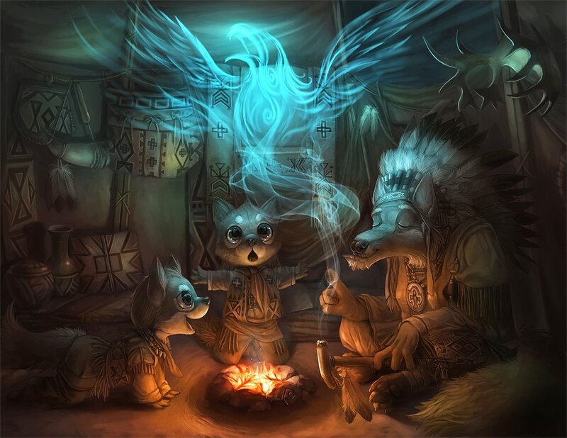 tribal wolf spirits at campfire