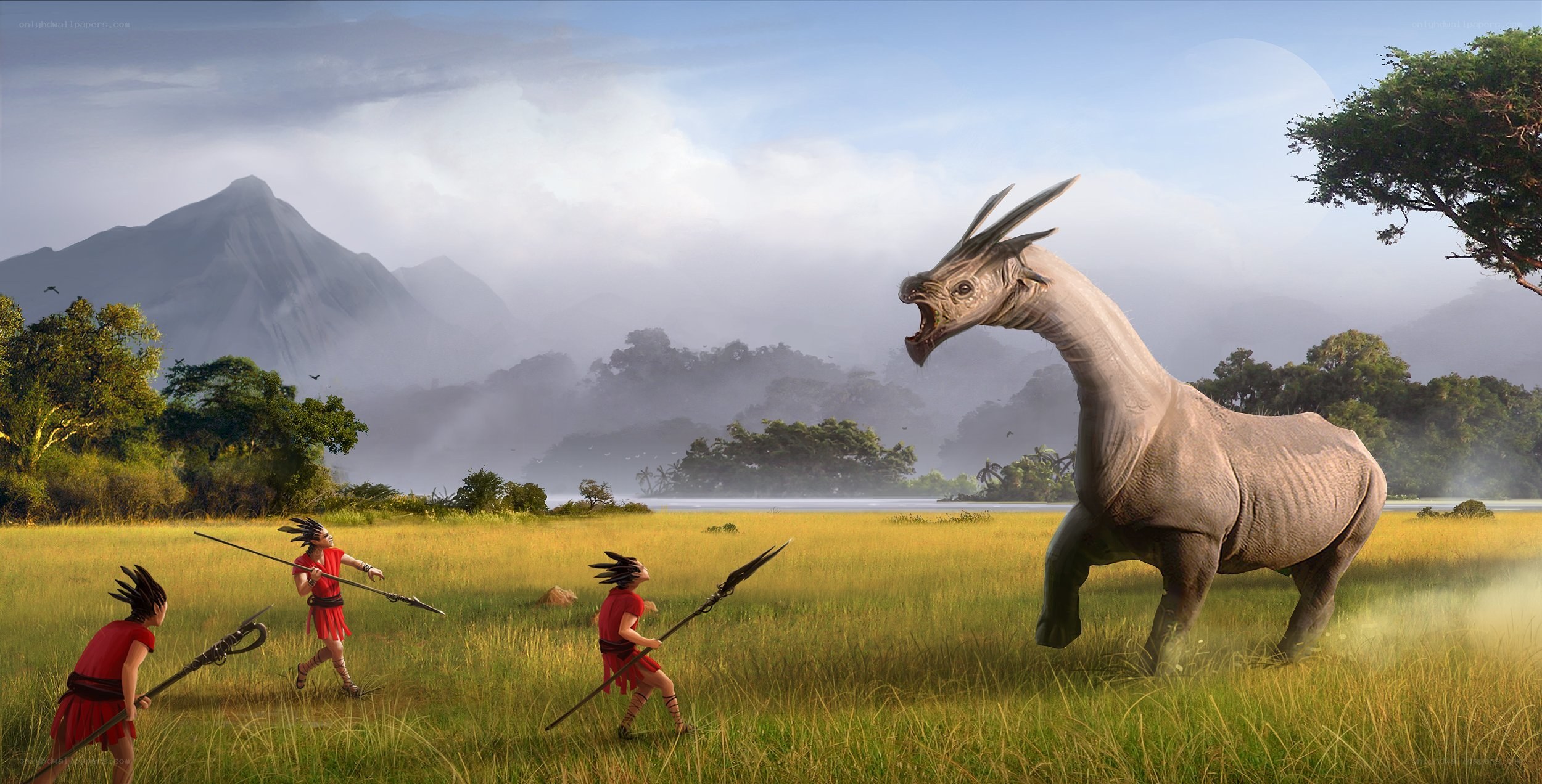 tribesmen hunting prehistoric creature