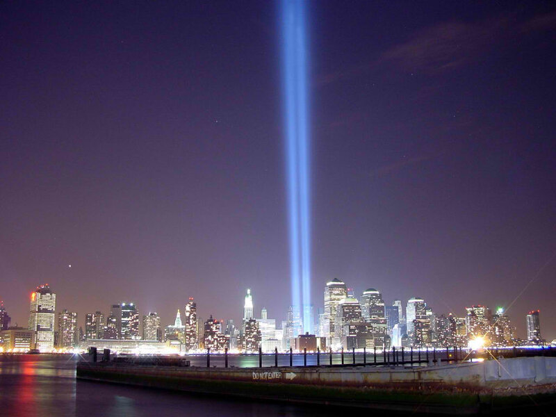 Tribute in Light at night