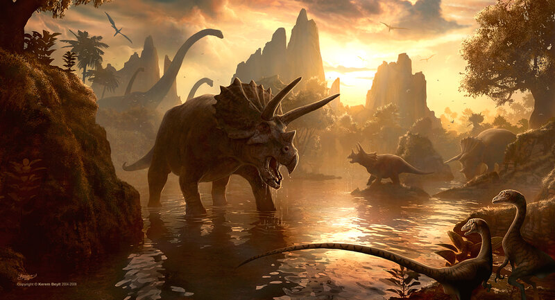 Triceratops in Water — Golden, Dramatic, Sunset