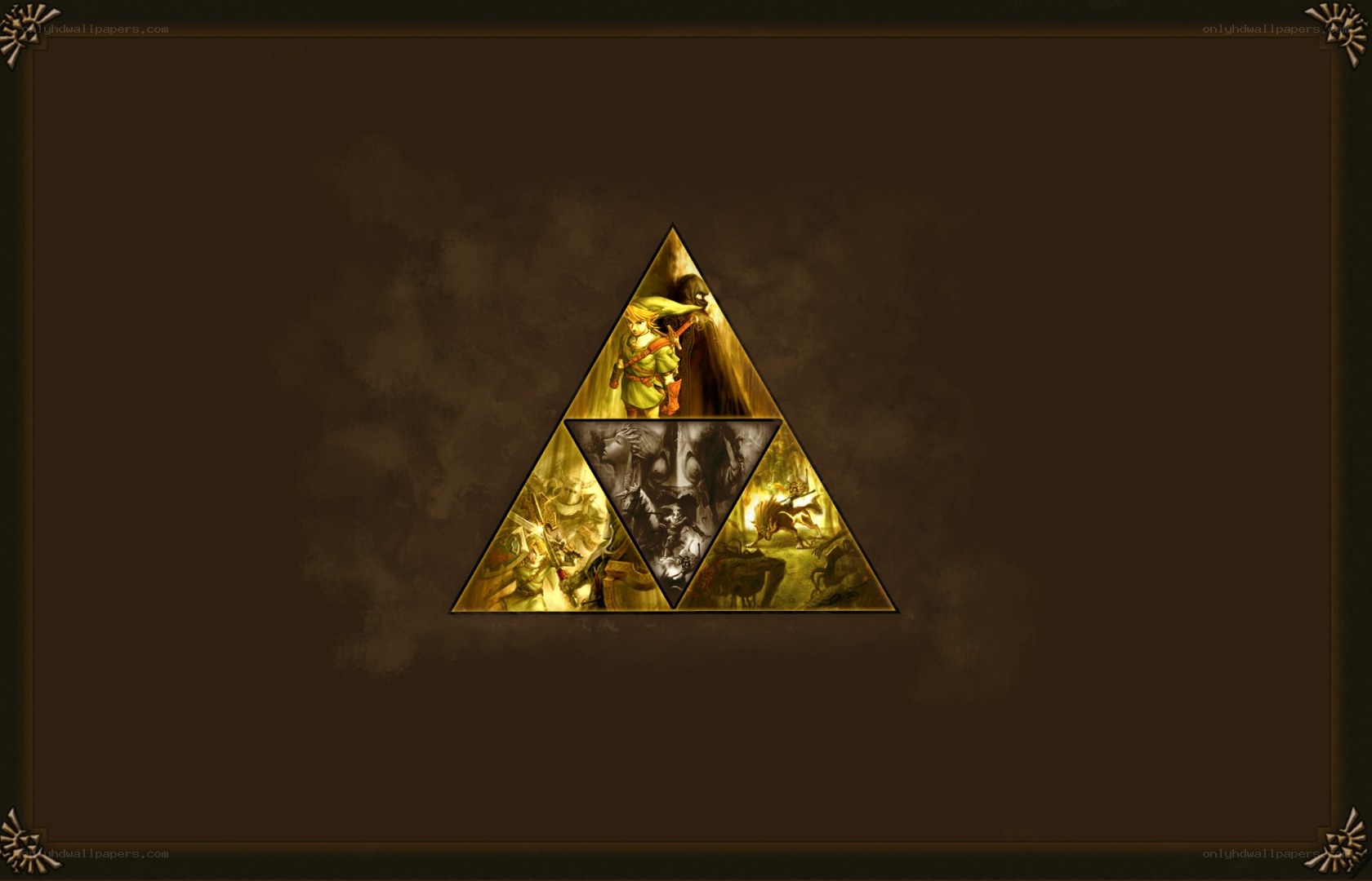 Triforce symbol with game scenes