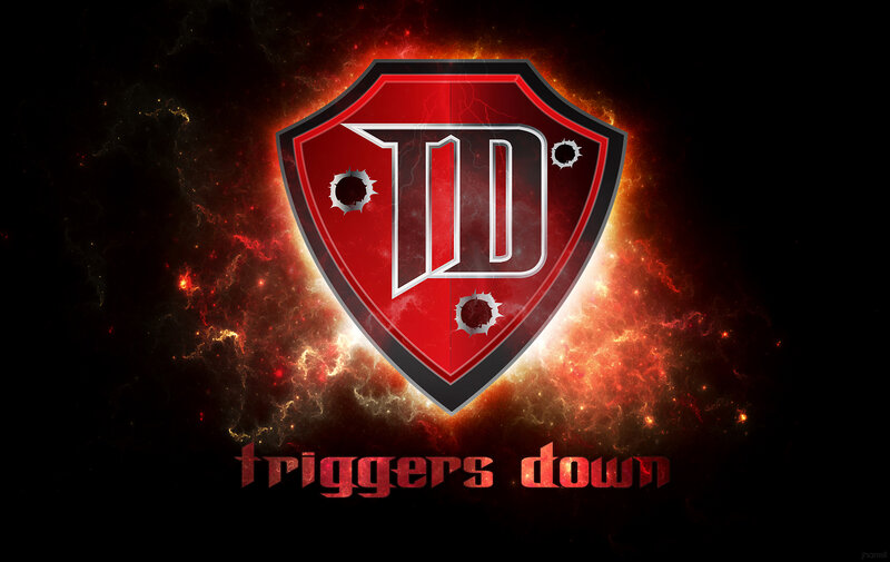 Triggers Down logo with fiery background