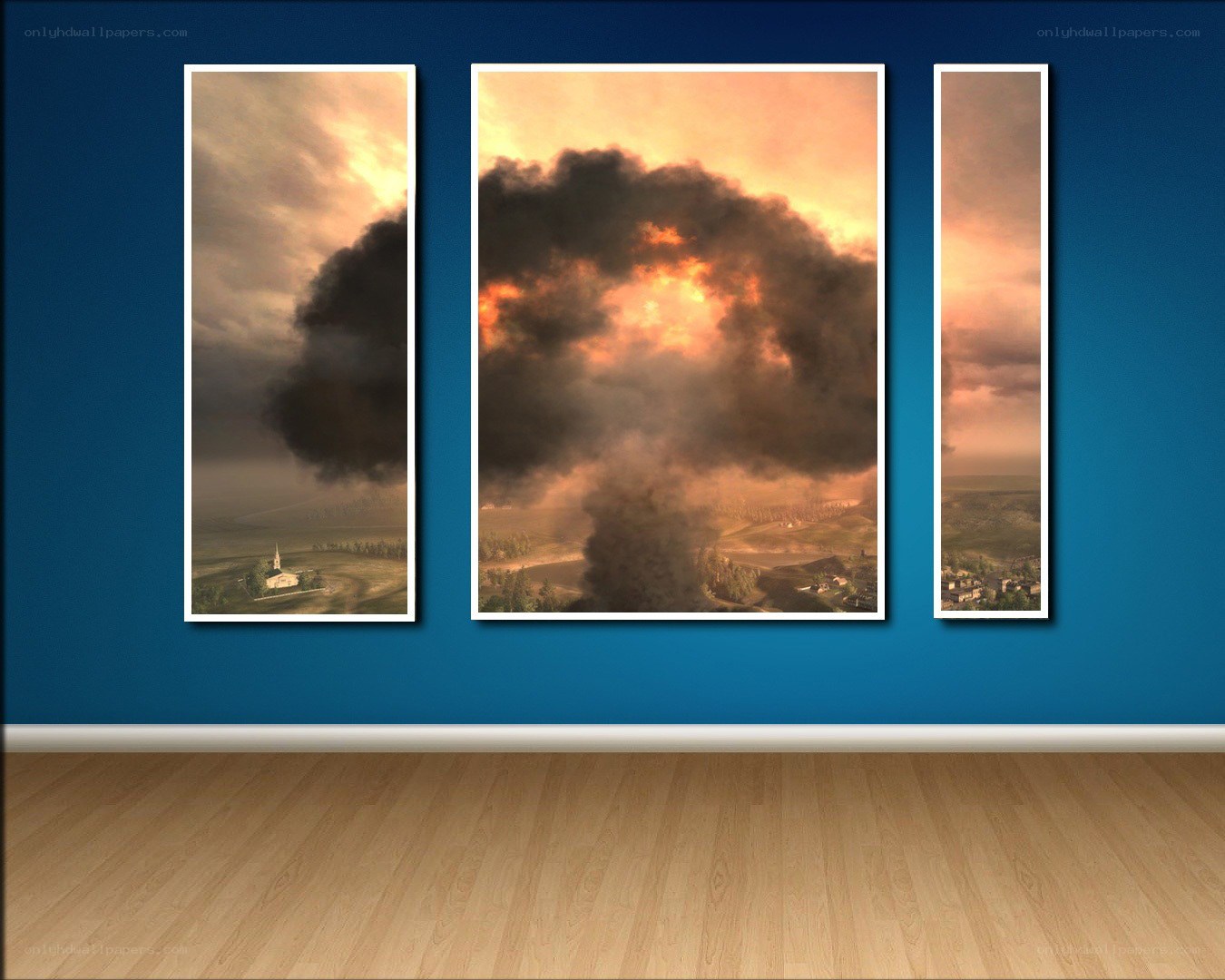 Triptych of a fiery explosion