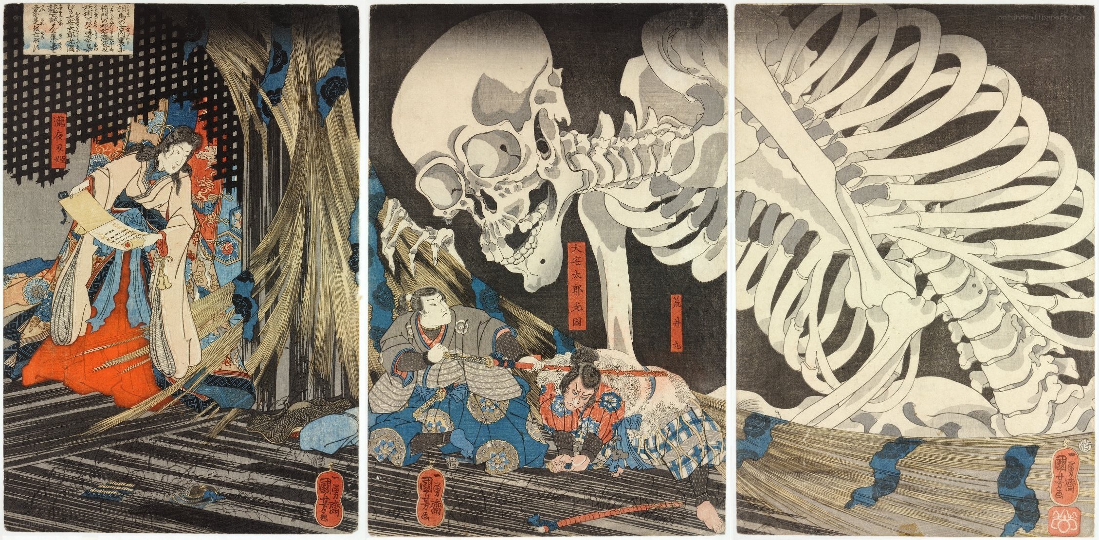 Triptych of Samurai and Skeleton