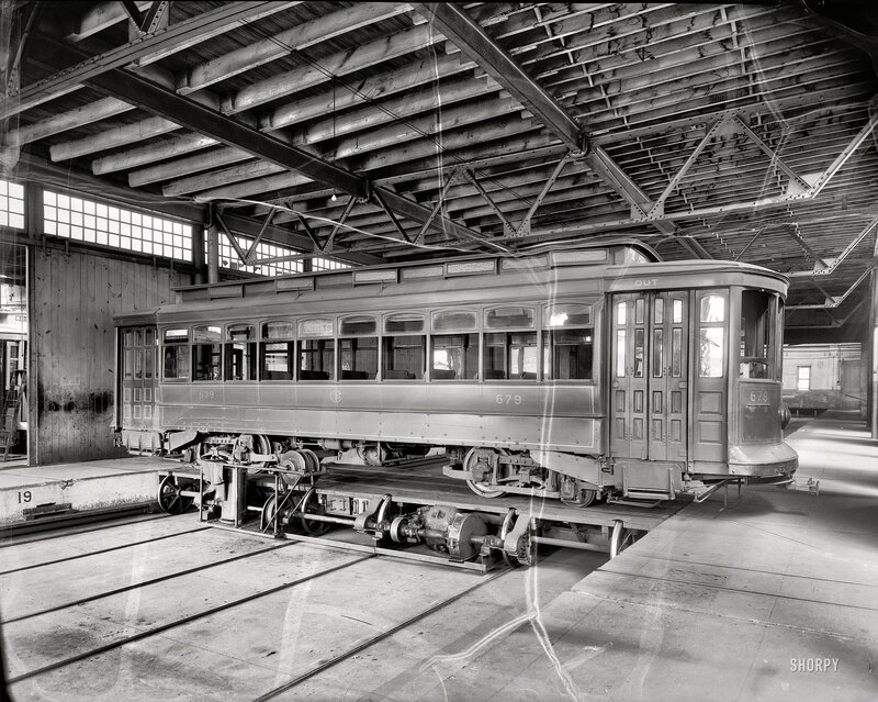 Trolley car in maintenance shed