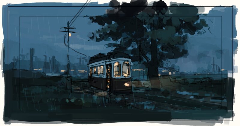 Trolley Car in Rain