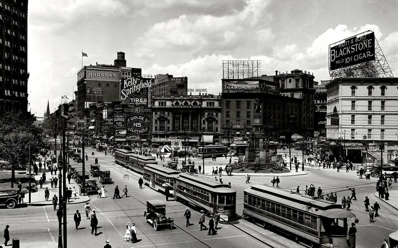 Trolley Cars at Intersection — Black, Busy, Afternoon, Photograph