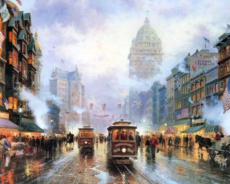 Trolley Cars on Wet Street — Blue, Busy