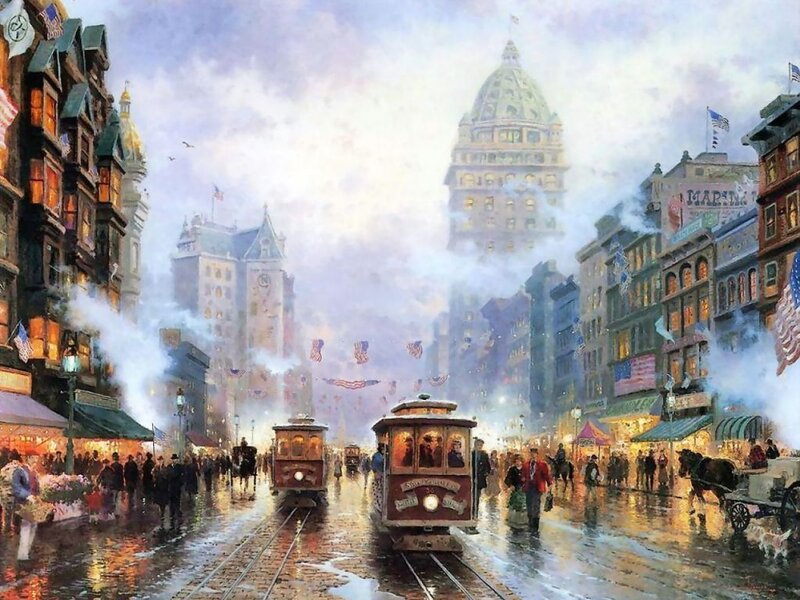 Trolley Cars on Wet Street