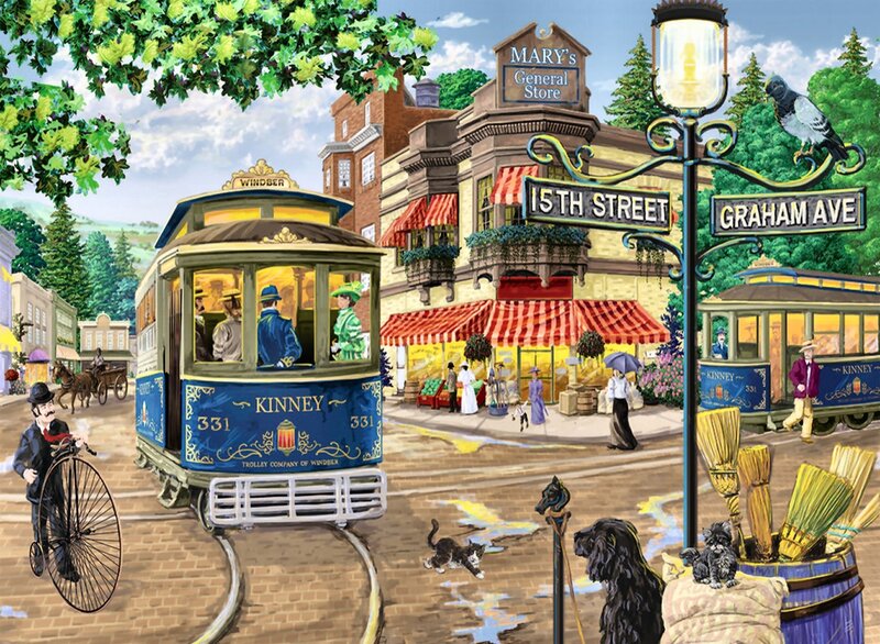 Trolley on City Street — Blue