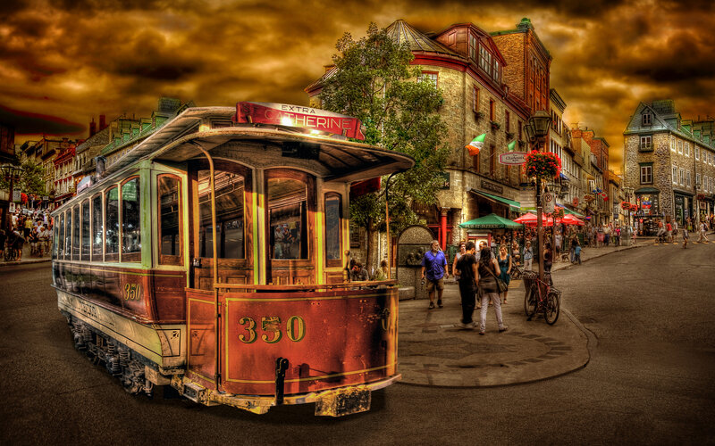 Trolley on City Street — Brown, Dramatic